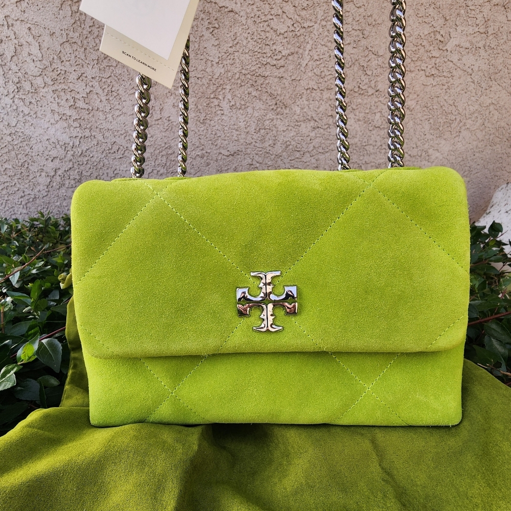 Tory Burch Kira Diamond Quilt Suede Small Shoulder Bag Handbag- Lime Green NWT - Picture 5 of 16